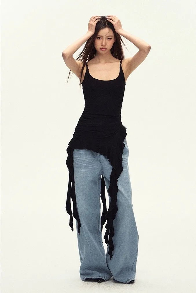Sleeveless Asymmetric Tank Ruffle Tassel-Detail Dress