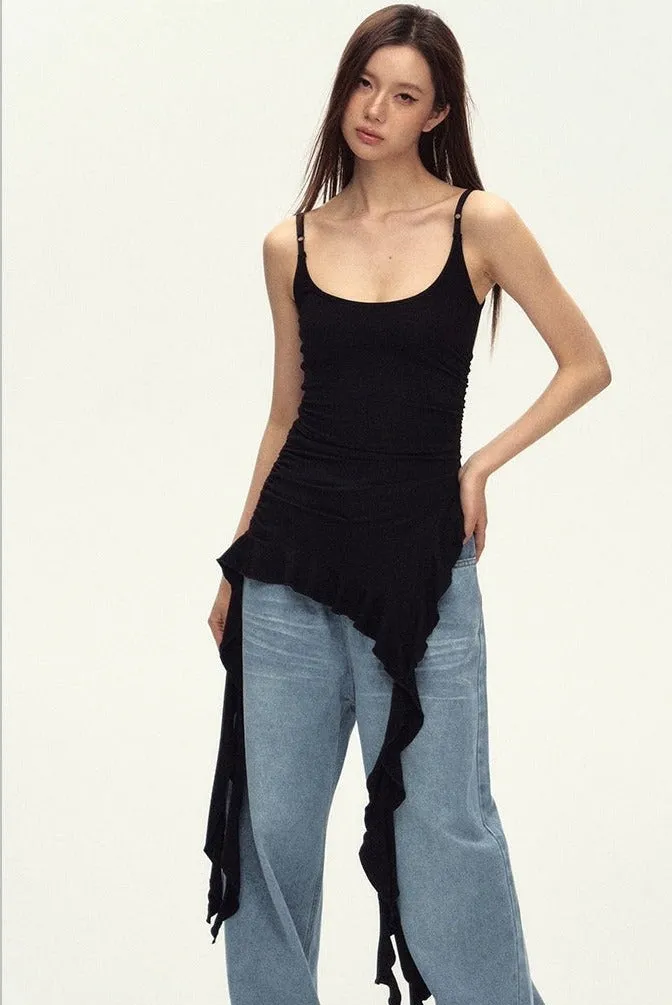 Sleeveless Asymmetric Tank Ruffle Tassel-Detail Dress
