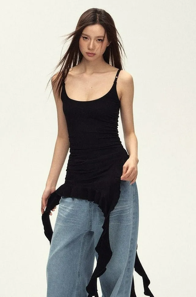 Sleeveless Asymmetric Tank Ruffle Tassel-Detail Dress