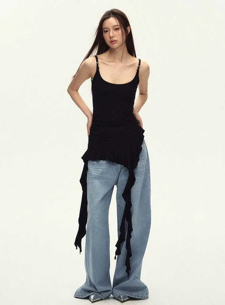 Sleeveless Asymmetric Tank Ruffle Tassel-Detail Dress