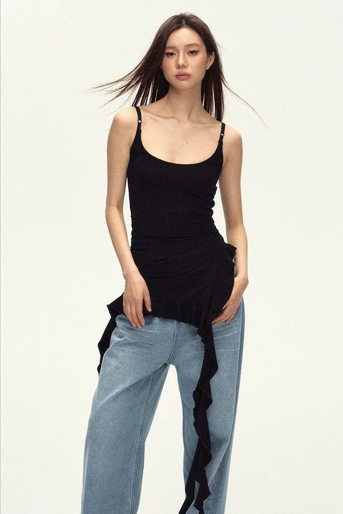 Sleeveless Asymmetric Tank Ruffle Tassel-Detail Dress