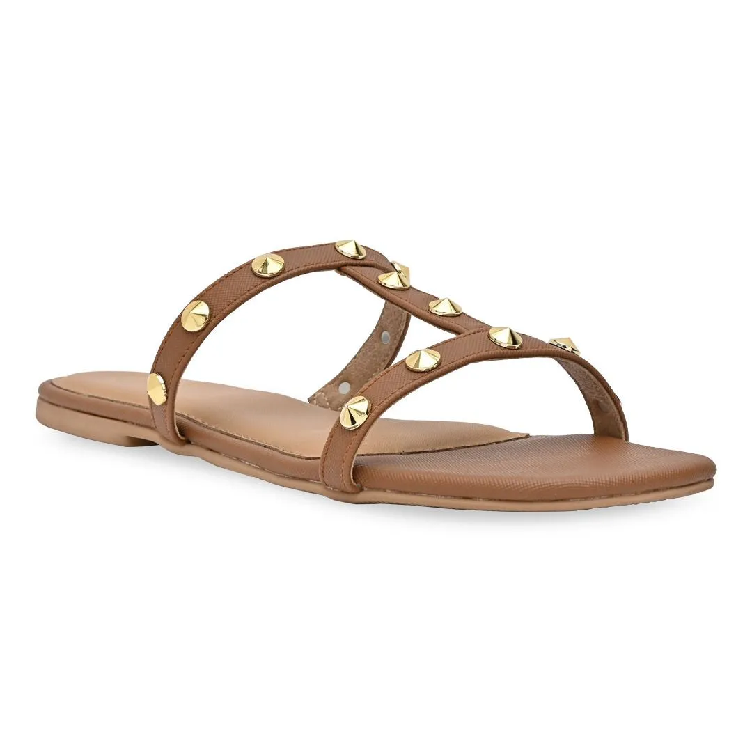 T-strap studded tan flats