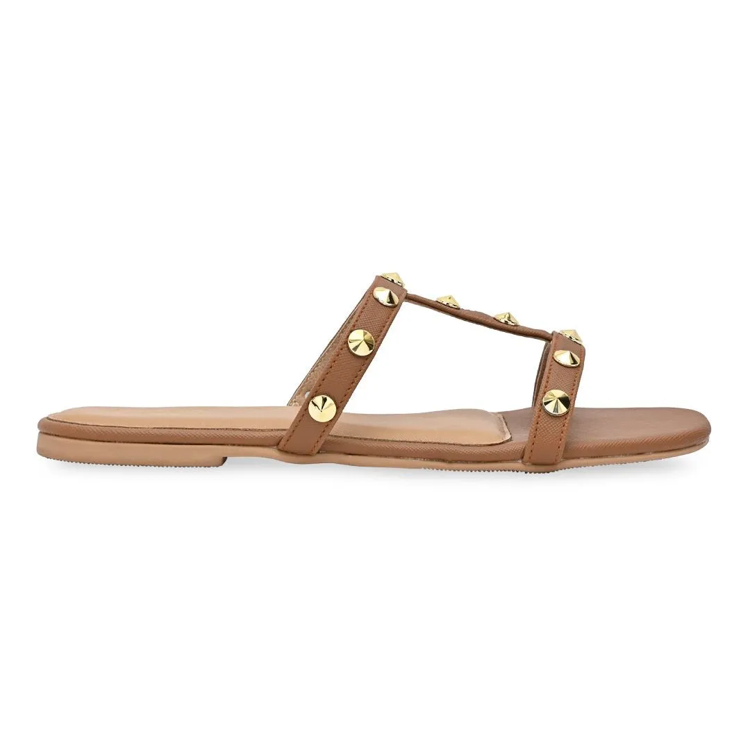 T-strap studded tan flats