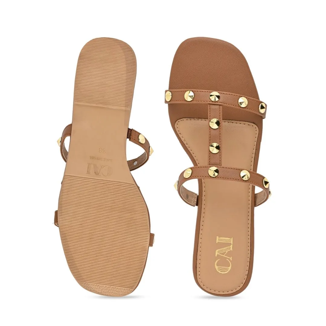 T-strap studded tan flats