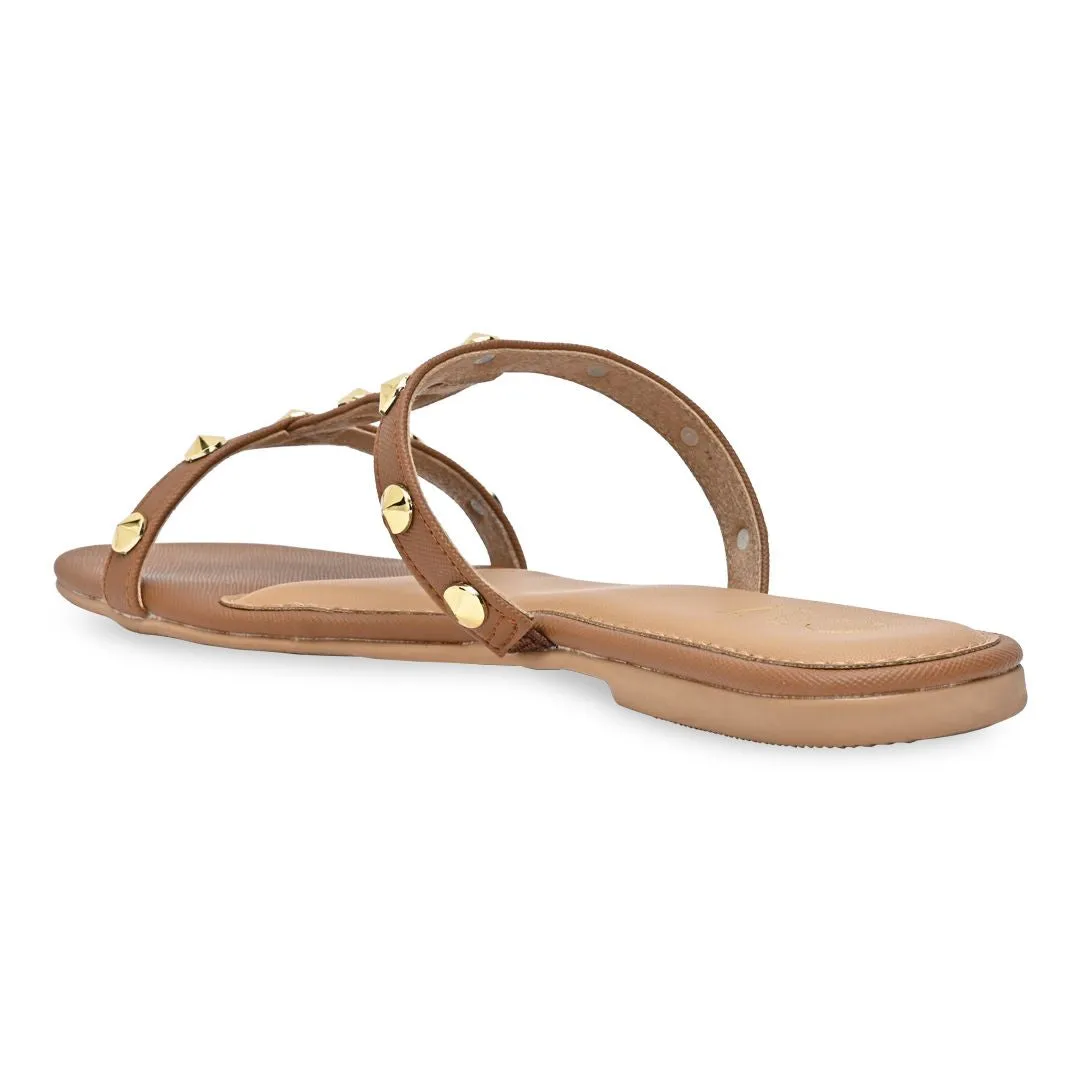 T-strap studded tan flats