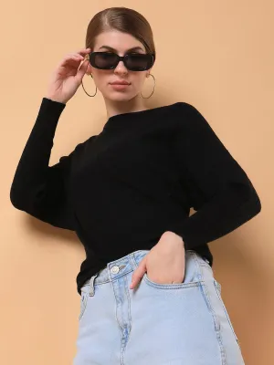 Women Black Solid Knits Boat Neck Acrylic Top