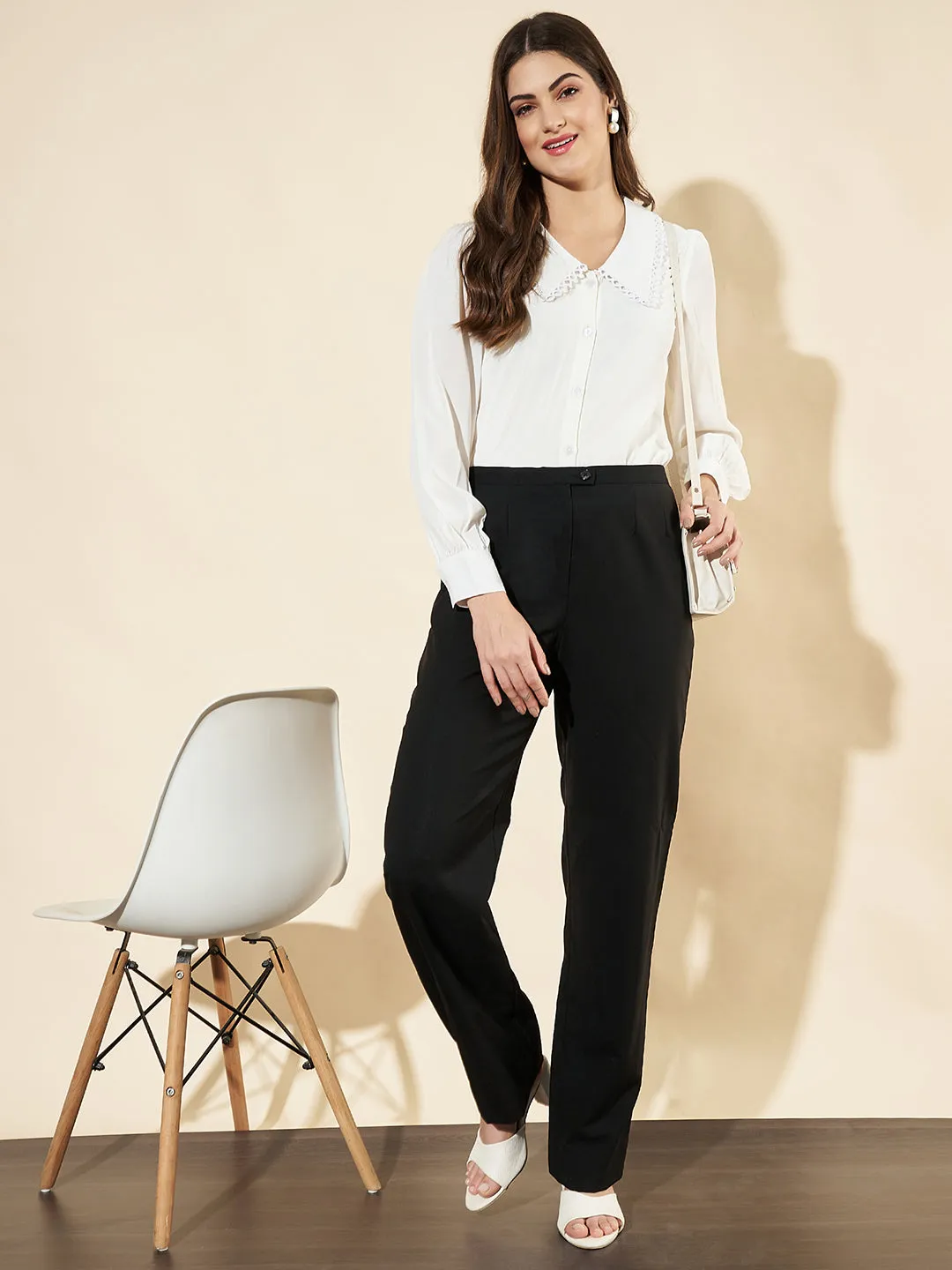 Women Cuffed Sleeves Lace White Top