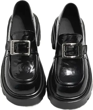 Women's Chunky Heel Brogues Oxford Shoes New British Style Buckle with Hidden Thick-Soled Heightening Women's New Leather Shoes