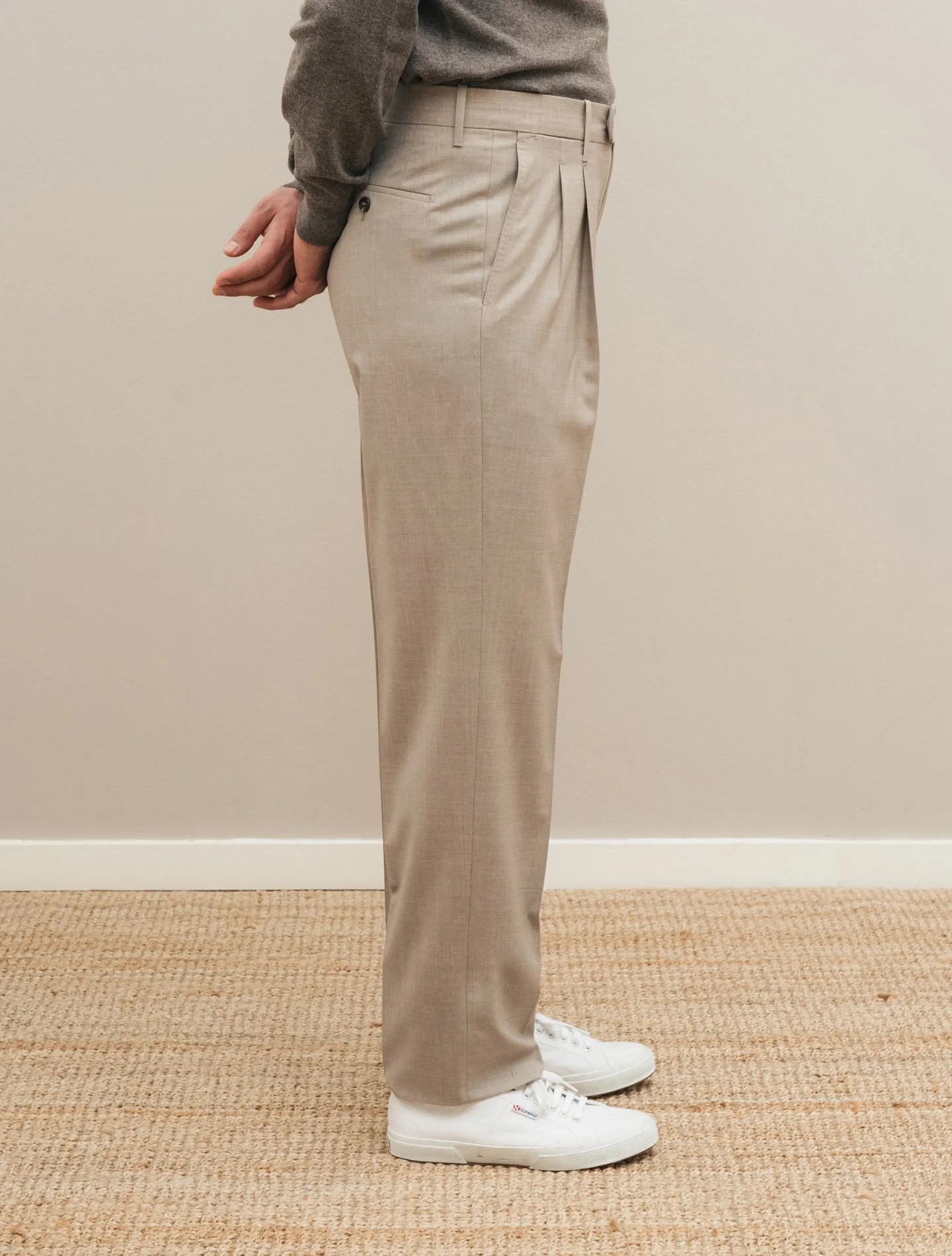 Wool Pleated Regular Fit Trousers Beige