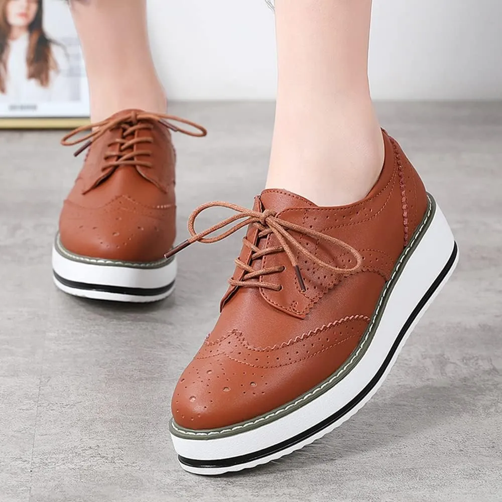 YING LAN Women's Platform Lace-Up Wingtips Square Toe Oxfords Shoe