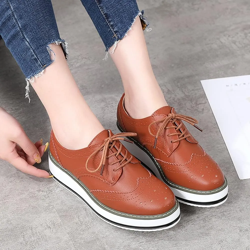 YING LAN Women's Platform Lace-Up Wingtips Square Toe Oxfords Shoe